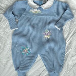 Sarah Louise Vintage Blue Knit Baby Romper Bear Embroidery